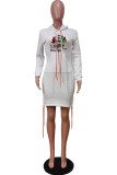 White Fashion Print Christmas Tree Printed Bandage Pocket Hooded Collar One Step Skirt Dresses