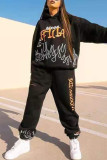 Black Fashion Casual Print Basic Hooded Collar Long Sleeve Two Pieces