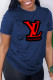 Navy Blue Fashion Casual Print Letter O Neck T-Shirts