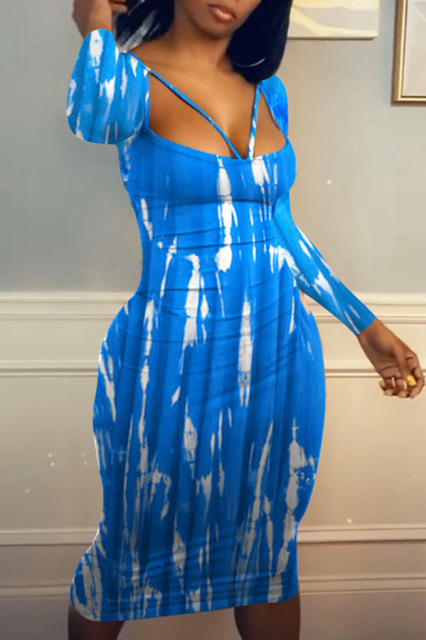 Blue Sexy Print Patchwork U Neck One Step Skirt Dresses