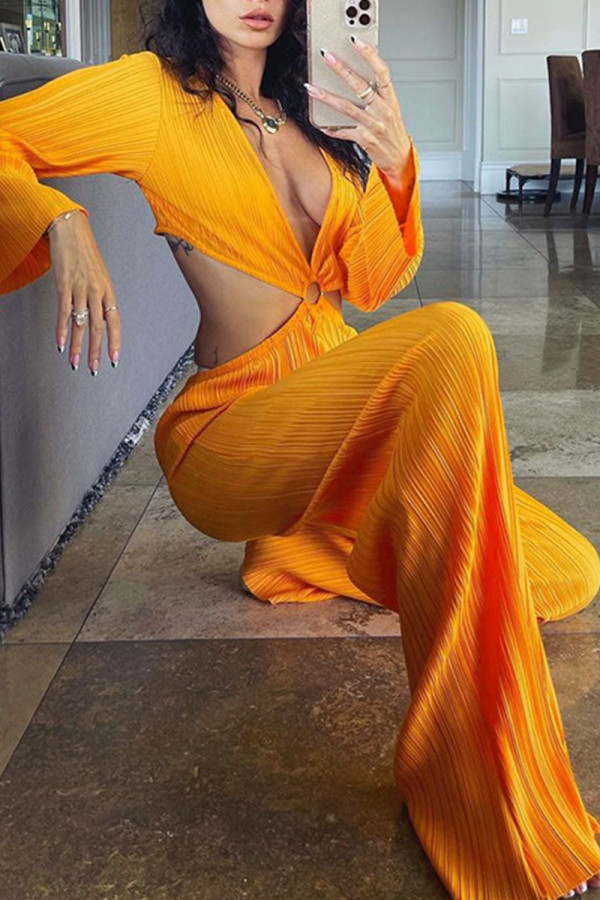 Orange Sexy Solid Hollowed Out Patchwork V Neck Straight Jumpsuits