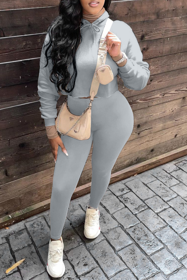 Grey Casual Solid Patchwork Hooded Collar Long Sleeve Two Pieces