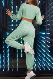 Light Green Casual Sportswear Solid Basic V Neck Long Sleeve Two Pieces