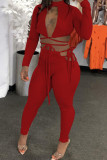 Red Sexy Casual Solid Bandage Hollowed Out Half A Turtleneck Long Sleeve Two Pieces
