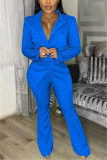 Blue Fashion Casual Long Sleeve Turndown Collar Regular Sleeve Regular Solid Two Pieces