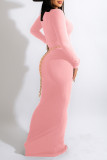 Pink Sexy Solid Patchwork V Neck One Step Skirt Dresses(Without Belt)