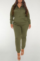 Army Green Fashion Casual Solid Basic Turndown Collar Plus Size Jumpsuits