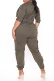 Army Green Fashion Casual Solid Patchwork Zipper Collar Plus Size Jumpsuits