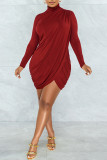 Red Sexy Solid Split Joint Fold Asymmetrical Turtleneck One Step Skirt Dresses