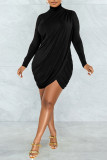 Black Sexy Solid Split Joint Fold Asymmetrical Turtleneck One Step Skirt Dresses
