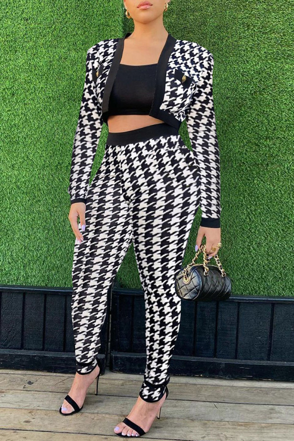 White Sexy Plaid Print Leopard Patchwork Long Sleeve Two Pieces