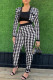 White Sexy Plaid Print Leopard Patchwork Long Sleeve Two Pieces