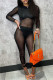 Black Fashion Sexy Patchwork See-through O Neck Skinny Jumpsuits