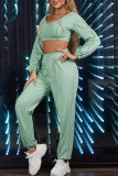 Light Green Casual Sportswear Solid Basic V Neck Long Sleeve Two Pieces
