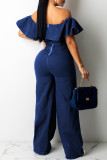 Light Blue Fashion Casual Solid Backless Off the Shoulder Plus Size Jumpsuits