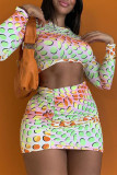 Colour Fashion Casual Print Basic O Neck Long Sleeve Two Pieces