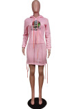 Pink Fashion Print Christmas Tree Printed Bandage Pocket Hooded Collar One Step Skirt Dresses