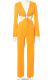 Orange Sexy Solid Hollowed Out Patchwork V Neck Straight Jumpsuits