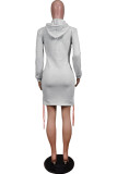 Grey Fashion Print Christmas Tree Printed Bandage Pocket Hooded Collar One Step Skirt Dresses