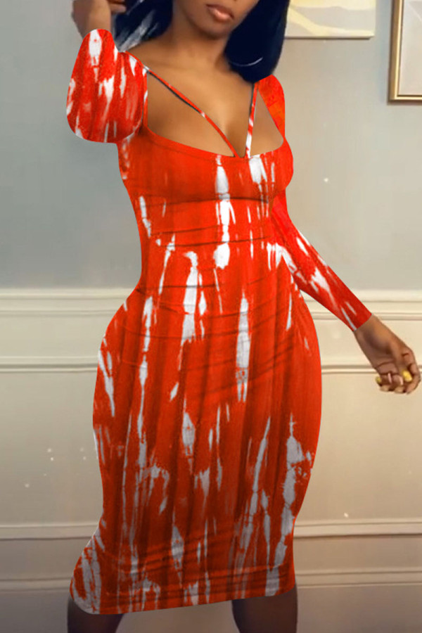 Red Sexy Print Patchwork U Neck One Step Skirt Dresses