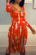 Red Sexy Print Patchwork U Neck One Step Skirt Dresses