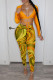 Yellow Fashion Sexy Print Bandage V Neck Long Sleeve Two Pieces
