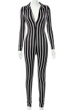 Black Fashion Casual Striped Print Basic V Neck Skinny Jumpsuits