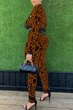 White Sexy Plaid Print Leopard Patchwork Long Sleeve Two Pieces