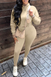 Grey Casual Solid Patchwork Hooded Collar Long Sleeve Two Pieces