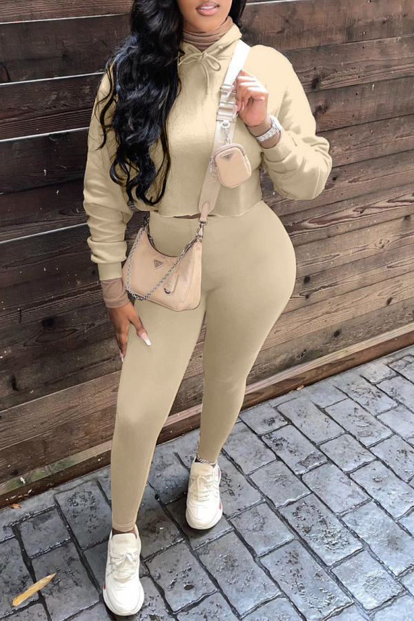 Khaki Casual Solid Patchwork Hooded Collar Long Sleeve Two Pieces