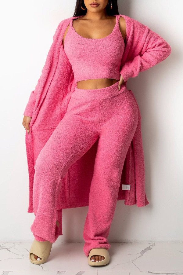 Pink Casual Solid Patchwork U Neck Long Sleeve Three Pieces