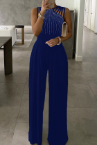 Blue Sexy Hot Drilling Patchwork Halter Straight Jumpsuits