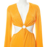 Orange Sexy Solid Hollowed Out Patchwork V Neck Straight Jumpsuits