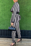 White Sexy Plaid Print Leopard Patchwork Long Sleeve Two Pieces