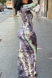 Blue Fashion Casual Print Basic U Neck Long Sleeve Dresses