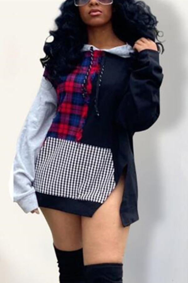 Black Fashion Casual Plaid Print Patchwork Hooded Collar Long Sleeve Dress