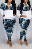 Green Fashion Casual Zipper Collar Long Sleeve Regular Sleeve Patchwork Camouflage Print Plus Size Set