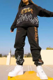 Black Fashion Casual Print Basic Hooded Collar Long Sleeve Two Pieces