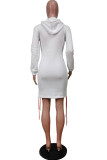 Grey Fashion Print Santa Claus Bandage Pocket Hooded Collar One Step Skirt Dresses