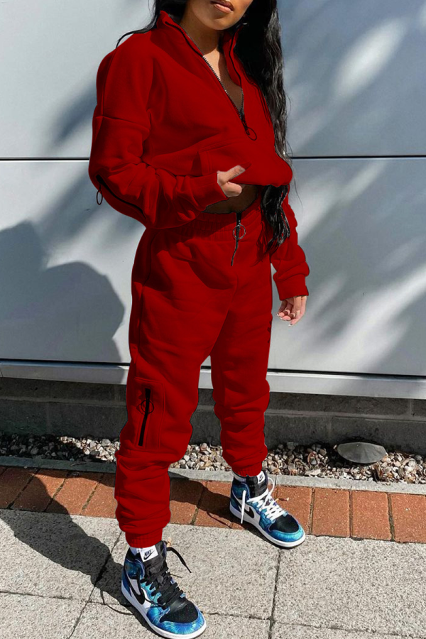 Red Casual Solid Zipper Zipper Collar Long Sleeve Two Pieces