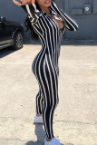 Black Fashion Casual Striped Print Basic V Neck Skinny Jumpsuits