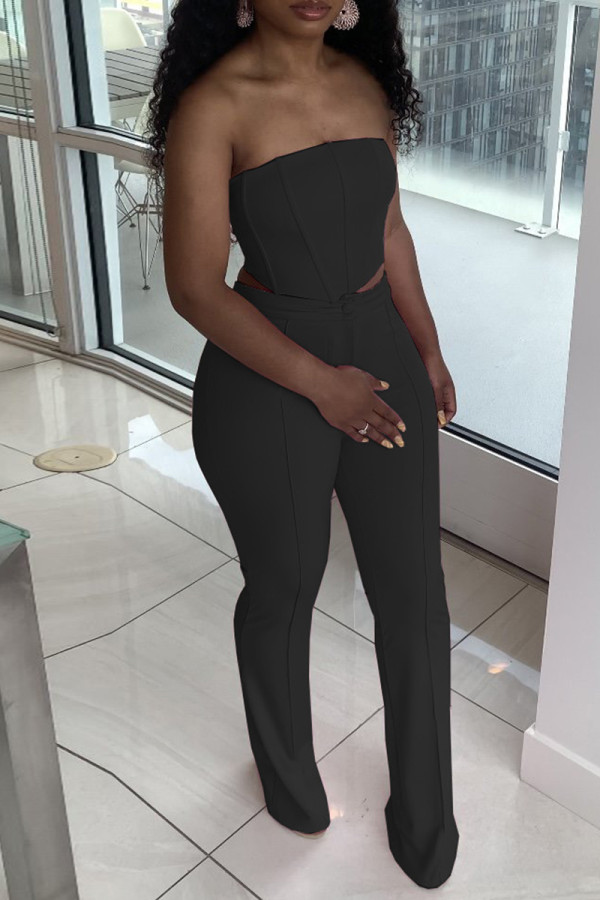 Black Sexy Casual Solid Backless Strapless Sleeveless Two Pieces