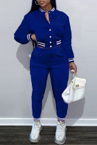Blue Casual Solid Split Joint Buckle Long Sleeve Two Pieces