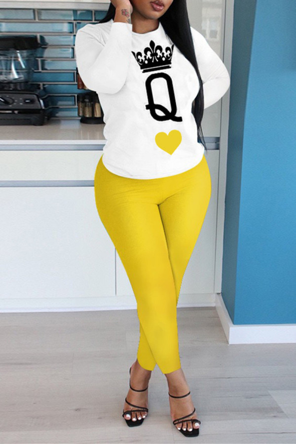 Yellow Fashion Casual Print Basic O Neck Long Sleeve Two Pieces