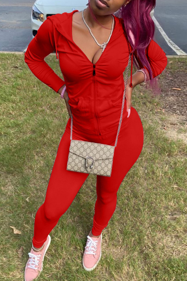 Red Fashion Casual Solid Basic Hooded Collar Long Sleeve Two Pieces