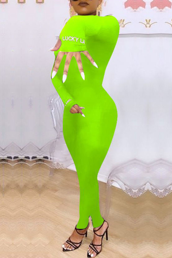 Green Fashion Casual Letter Embroidery Solid Color Turtleneck Skinny Jumpsuits