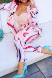 Pink Fashion Casual Print Cardigan Pants Turndown Collar Long Sleeve Two Pieces