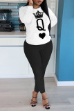 Black Fashion Casual Print Basic O Neck Long Sleeve Two Pieces