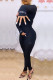 Black Fashion Casual Letter Embroidery Solid Color Turtleneck Skinny Jumpsuits