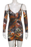 Multicolor Sexy Print Split Joint Fold Asymmetrical V Neck Sling Dress Dresses